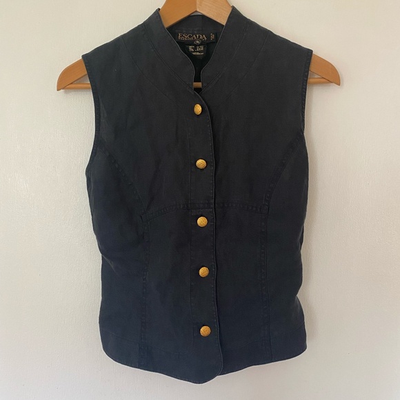 Escada Tops - Vintage Escada Black Linen Sleeveless button-up top, Size 36